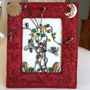 Artisan wall art decor framed jewelry art jewelry collage abstract with owls!